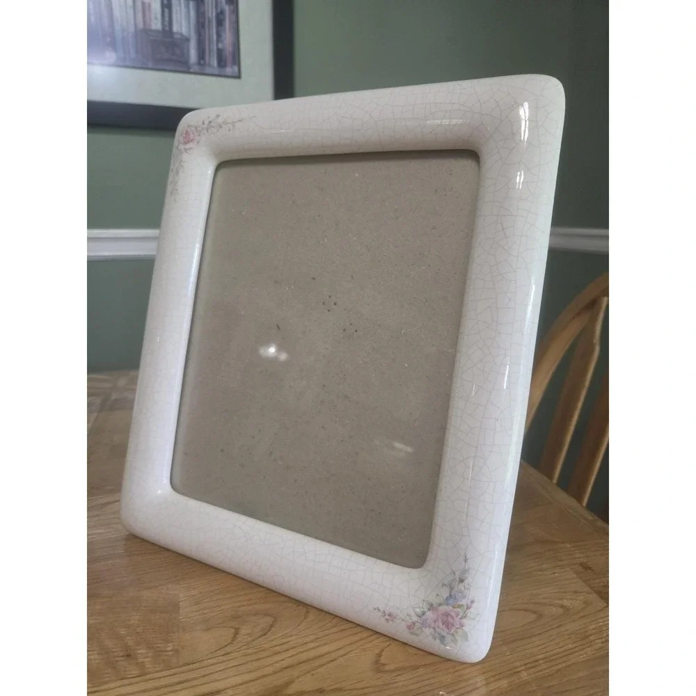 Vintage Burnes of Boston Ceramic Floral Picture Frame Cream Pink Rose 8 x 10